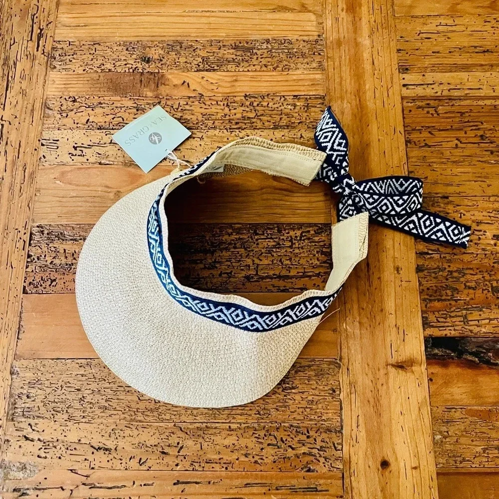 NWT Sea & Grass straw visor with ribbon tie one size packable natural blue white